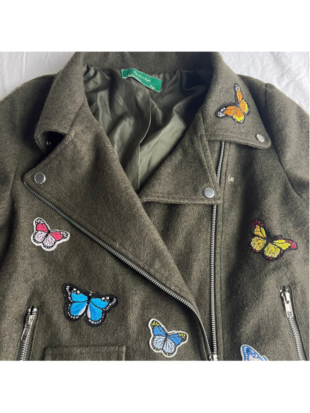 Signature Eight Butterfly Embroidered Moto Jacket Olive Green Wool Blend Biker L - Picture 4 of 10